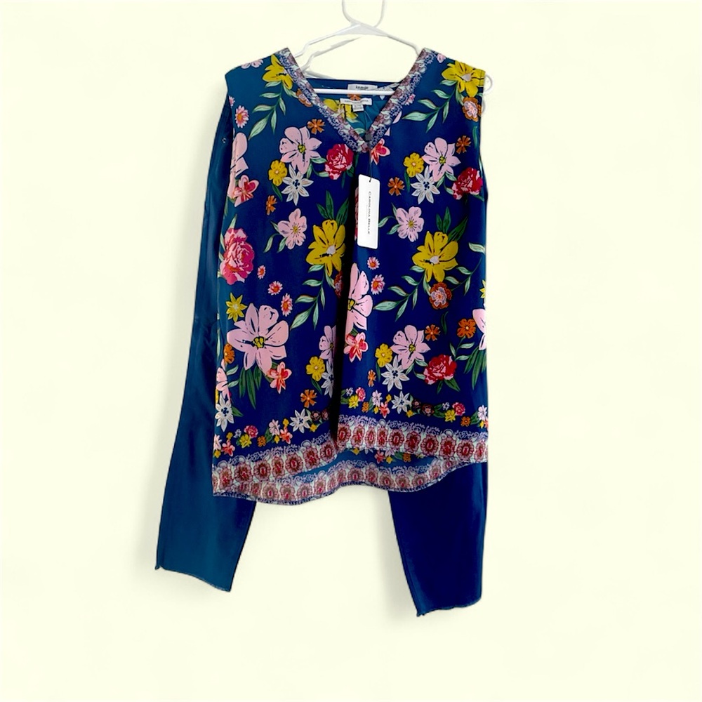 Beautiful outfit! NEW floral blouse with matching blue straight legged pants.